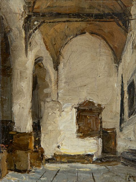 Johannes Bosboom | Kerkinterieur, olieverf op paneel, 12,0 x 9,1 cm, gesigneerd r.o. met initialen
