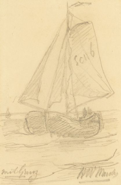 Hendrik Willem Mesdag | Terugkerende 'Scheveningen 6', grafiet op papier, 14,0 x 9,0 cm, gesigneerd r.o.
