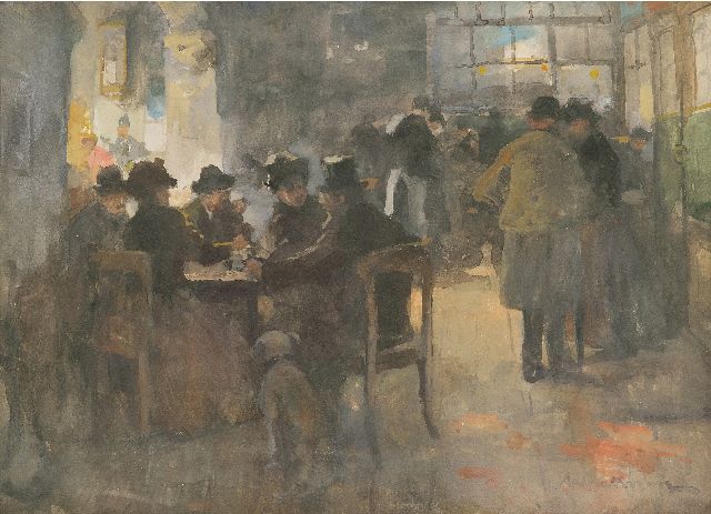 Rivière A.P. de la | In het koffiehuis, gouache op papier 25,0 x 35,3 cm, gesigneerd r.o.