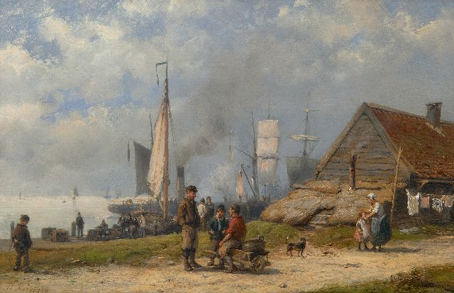 Hermanus Koekkoek | Vissersvolk en reizigers bij afgemeerde schepen, olieverf op paneel, 21,3 x 32,5 cm, gesigneerd l.o.
