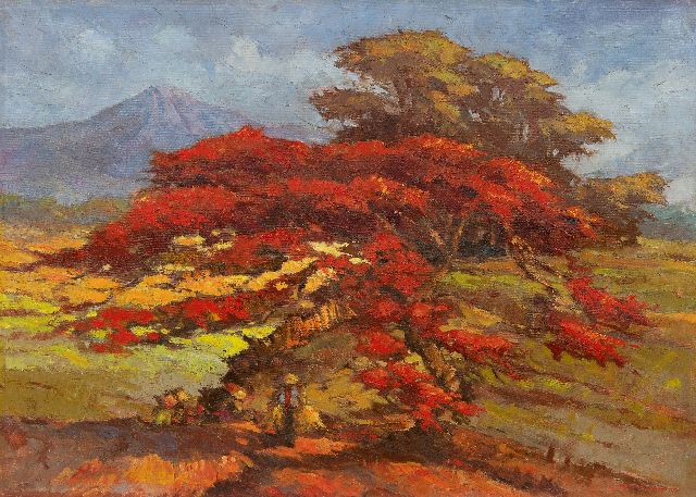 Frits Ohl | Indonesisch landschap met bloeiende Flamboyant, olieverf op doek, 68,3 x 95,3 cm, gesigneerd r.o. en zonder lijst