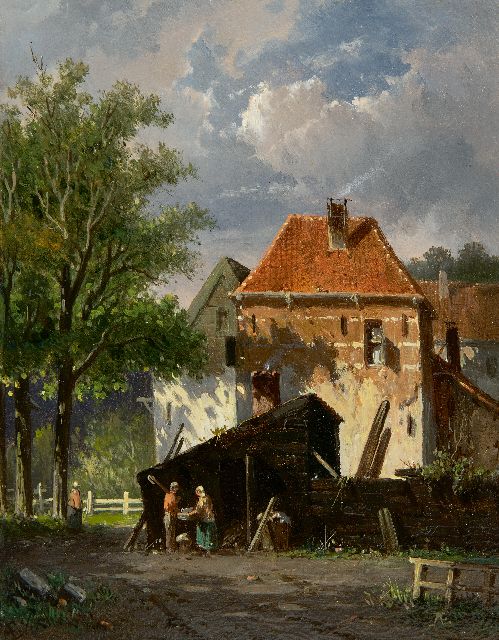 Adrianus Eversen | Zonnig stadsgezicht (mogelijk Harderwijk), olieverf op paneel, 19,2 x 15,2 cm, gesigneerd r.o. met monogram