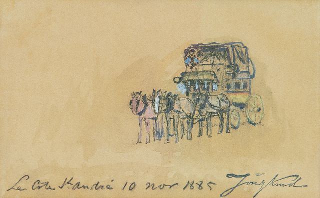 Johan Barthold Jongkind | De diligence, La Côte-Saint-André, zwart krijt en aquarel op papier, 10,3 x 16,7 cm, gesigneerd r.o. met naamstempel en gedateerd 'La Côte St. André 10 nov 1885'