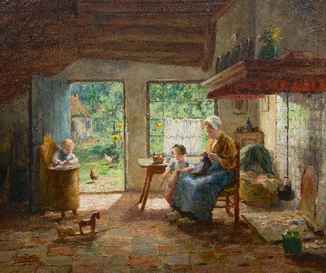 Evert Pieters | Moeder en kinderen in zonnig boereninterieur, olieverf op doek, 78,5 x 92,4 cm, gesigneerd l.o. en gedateerd 1915