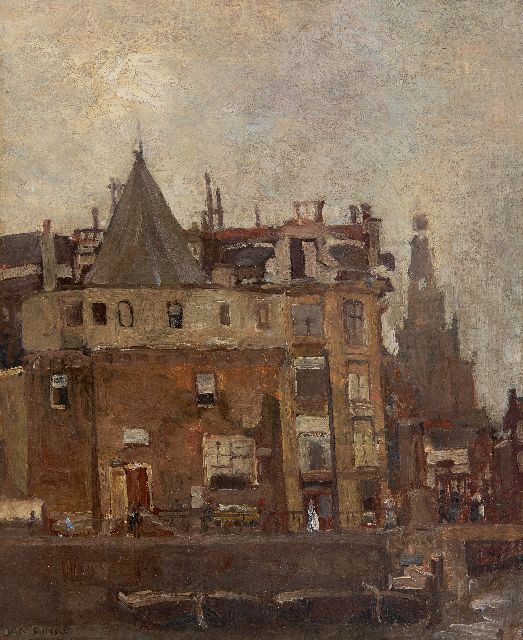 Jan Rinke | De Geldersekade met de Schreierstoren, Amsterdam, olieverf op doek op board, 45,2 x 37,7 cm, gesigneerd l.o. en zonder lijst