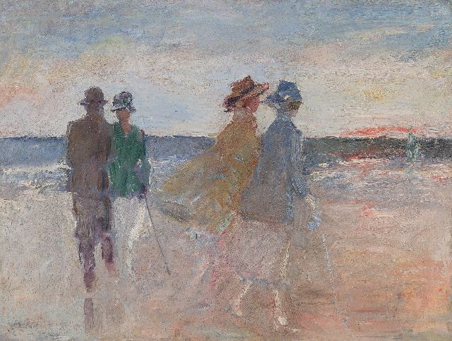 Jan Rinke | Wandelaars op het Scheveningse strand bij zonsondergang, olieverf op board, 30,1 x 40,2 cm, gesigneerd l.o. (resten)