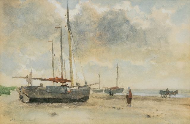 Jan Hendrik Weissenbruch | Bomschuiten op het strand, aquarel op papier, 32,8 x 49,6 cm, gesigneerd l.o.