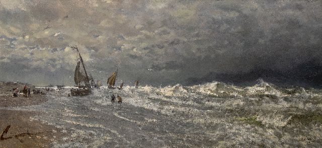 Johan Hendrik Wijtkamp | Bomschuiten in de branding, olieverf op doek, 82,0 x 174,0 cm, gesigneerd r.o. en gedateerd 1888