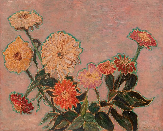 Dirk Berend Nanninga | Stilleven met gerbera's (privé Mariette), olieverf op paneel, 48,7 x 60,3 cm, gesigneerd r.o. en gedateerd '32