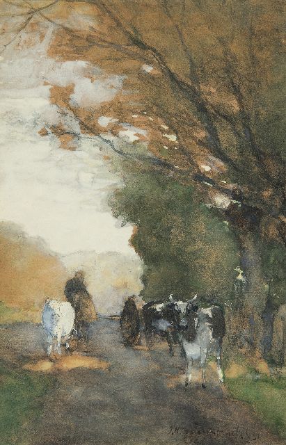 Jan Hendrik Weissenbruch | Koeien op pad langs de bosrand, aquarel op papier, 35,3 x 22,8 cm, gesigneerd r.o. en gedateerd '91