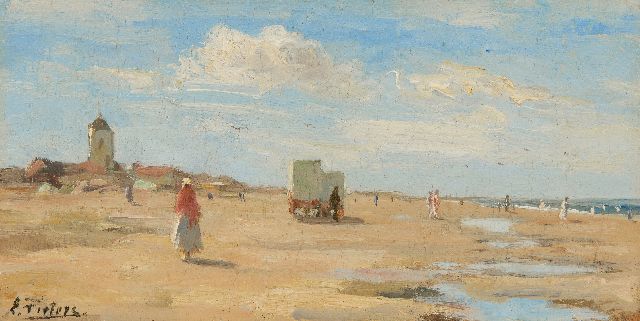 Evert Pieters | Zonnige dag op het strand van Katwijk, olieverf op paneel, 13,4 x 26,2 cm, gesigneerd l.o.