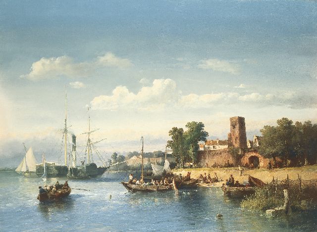 Salomon Verveer | De Merwede voor Woudrichem (met fantasie) met raderboot en veerpont, olieverf op doek, 76,0 x 102,3 cm, gesigneerd r.o. en gedateerd '51