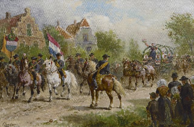 Otto Eerelman | Optocht van boeren en boerinnen na een ringstekerij in Oudelande, Zuid-Beveland, olieverf op doek, 60,4 x 90,6 cm, gesigneerd l.o. en gedateerd 1923