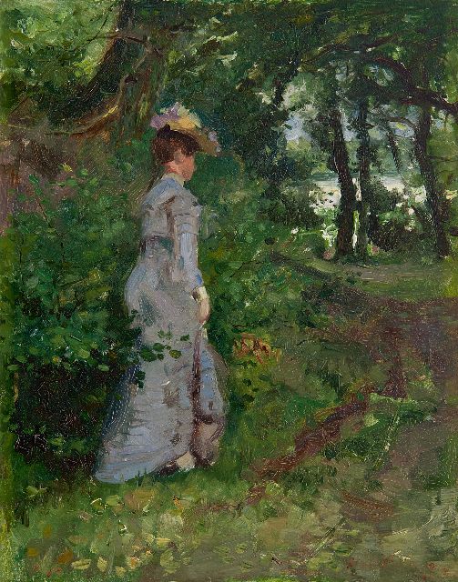 Roelofs O.W.A.  | De wandeling, olieverf op paneel 40,1 x 30,7 cm, gesigneerd r.o. (met resten) en verso op etiket en te dateren ca. 1900-1905