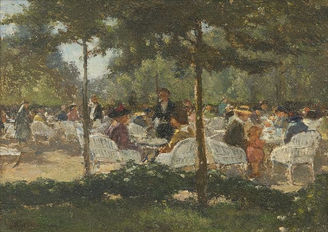 Johannes Evert Akkeringa | Theetuin (vermoedelijk Boschhek, Den Haag), olieverf op paneel, 16,9 x 22,9 cm, gesigneerd l.o.