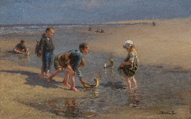 Bernard Blommers | Scheepje zeilen, olieverf op doek, 67,0 x 103,3 cm, gesigneerd r.o. en te dateren ca. 1875