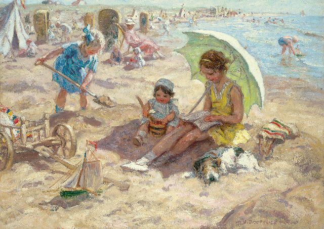 Jan Zoetelief Tromp | Spelende kinderen op het strand van Katwijk, olieverf op doek, 68,3 x 95,9 cm, gesigneerd r.o. en verso