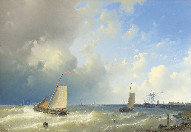 Abraham Hulk | Vissersboten in een stevige bries voor de haven, olieverf op paneel, 36,5 x 53,5 cm, gesigneerd l.o.