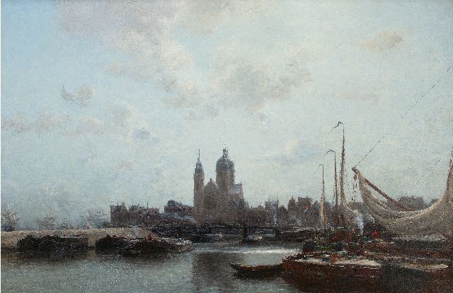 Wijsmuller J.H.  | Amsterdams havengezicht met de St. Nicolaaskerk, olieverf op doek 99,5 x 149,8 cm, gesigneerd r.o.