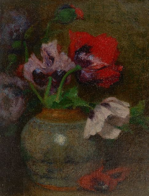 Marie Wandscheer | Klaprozen in gemberpot, olieverf op doek, 32,5 x 25,2 cm, gesigneerd l.o.