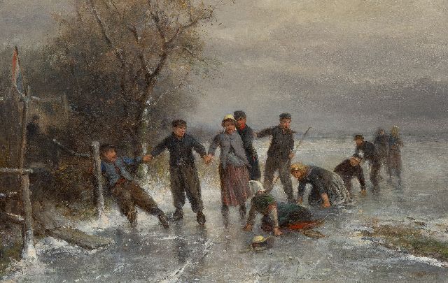 Mari ten Kate | Een valpartij op het ijs, olieverf op doek, 41,0 x 63,9 cm, gesigneerd r.o.