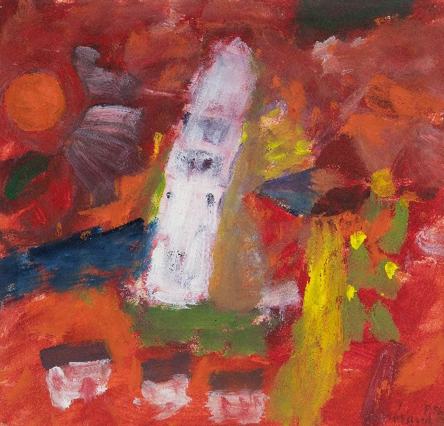 Eugène Brands | Toren in landschap, olieverf op papier, 21,5 x 22,5 cm, gesigneerd r.o. en gedateerd 5.56
