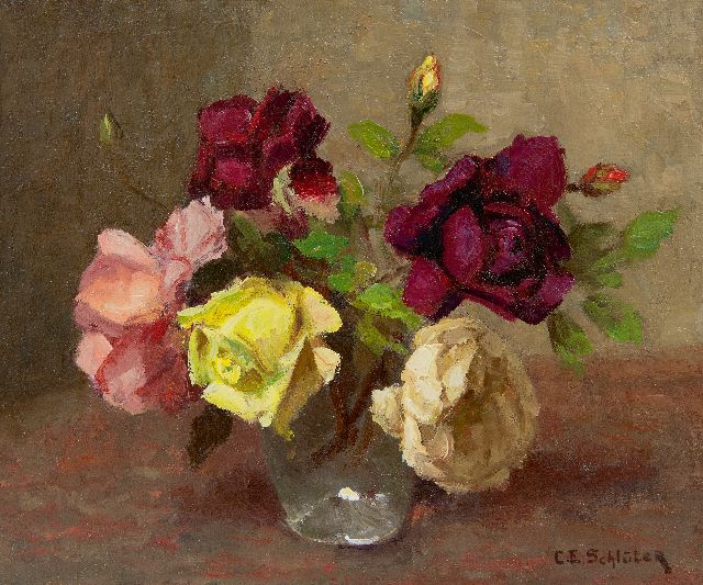 Carl Schlüter | Rozen in glazen vaas, olieverf op doek, 25,6 x 30,5 cm, gesigneerd r.o.