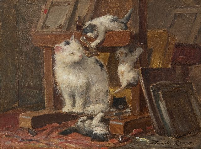 Henriette Ronner-Knip | Moederpoes met kittens in het atelier, olieverf op papier op paneel, 28,1 x 37,1 cm, gesigneerd r.o.