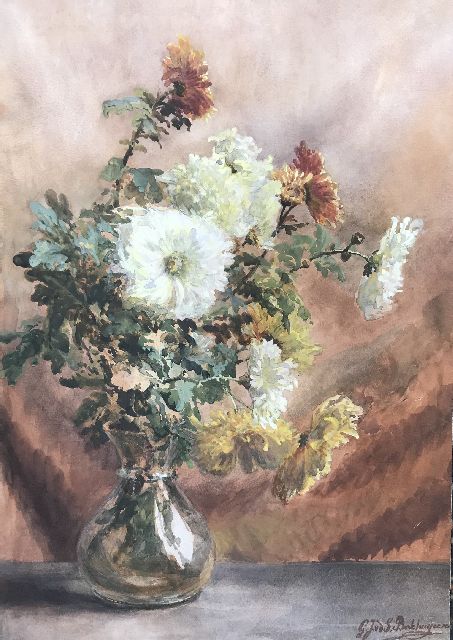Gerardine van de Sande Bakhuyzen | Chrysanten in glazen vaas, aquarel op papier, 51,5 x 36,3 cm, gesigneerd r.o.