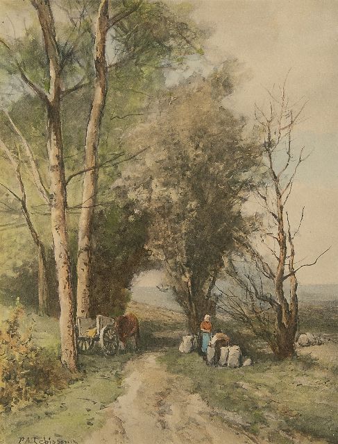 Piet Schipperus | Boslaantje met boerenkar en figuren, aquarel op papier, 25,7 x 19,9 cm, gesigneerd l.o.