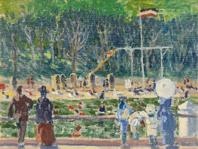 Richard Bloos | Zonnige dag in het strandbad, olieverf op doek op schildersboard, 32,0 x 42,0 cm