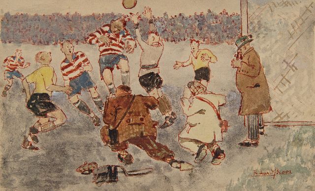 Richard Bloos | Het beslissende doelpunt: Ráák, aquarel en gouache op papier, 14,6 x 23,5 cm, gesigneerd r.o. en ca 1950