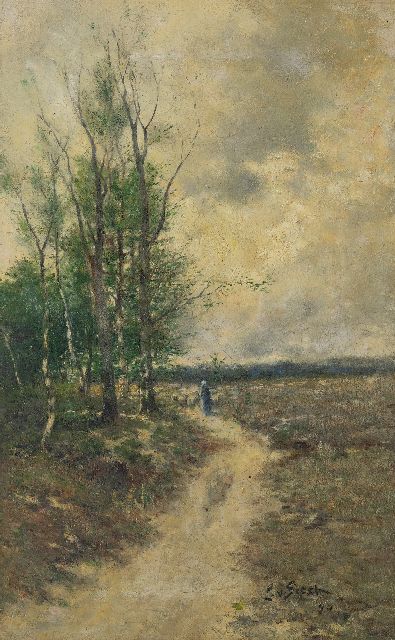 Louis van Soest | Schapenhoedster met kudde op een heidepad, olieverf op doek, 50,4 x 32,2 cm, gesigneerd r.o. en gedateerd '90
