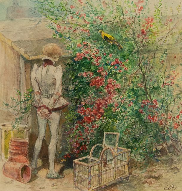Charles Rochussen | Wachten op gezelschap, aquarel op papier, 13,8 x 13,1 cm, gesigneerd r.o. met monogram