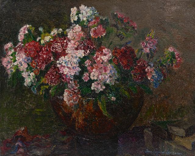 Anna Lehmann | Duizendschoon in glazen vaas, olieverf op doek, 40,5 x 50,5 cm, gesigneerd r.o.