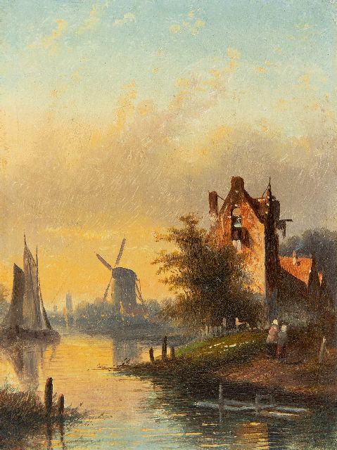Jacob Jan Coenraad Spohler | Rivierlandschap met zeilschip, figuren en molen, olieverf op paneel, 16,0 x 11,9 cm