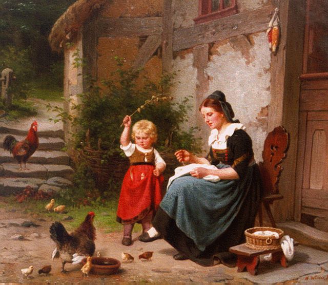 Hermann Werner | Moeder en dochter op het erf, olieverf op doek, 40,7 x 47,4 cm, gesigneerd r.o. en gedateerd '74