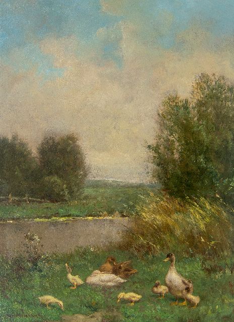 Constant Artz | Eenden en kuikens bij een sloot, olieverf op paneel, 39,9 x 30,1 cm, gesigneerd l.o.