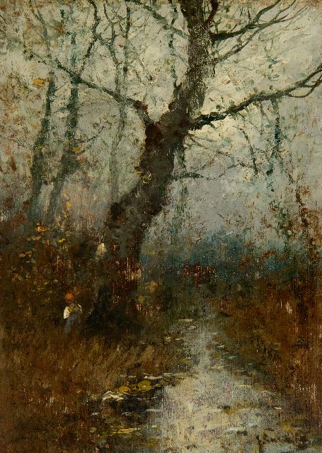 Johann Jungblut | Figuurtje in een herfstbos (pendant van winter), olieverf op paneel, 16,2 x 11,7 cm, gesigneerd r.o. J. Sander [pseudoniem]