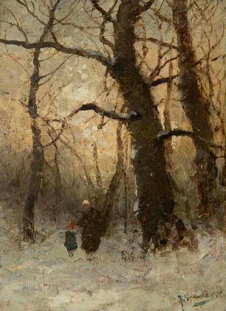 Johann Jungblut | Figuren in een besneeuwd bos (pendant van herfst), olieverf op paneel, 16,1 x 11,8 cm, gesigneerd r.o. J. Sander [pseudoniem]