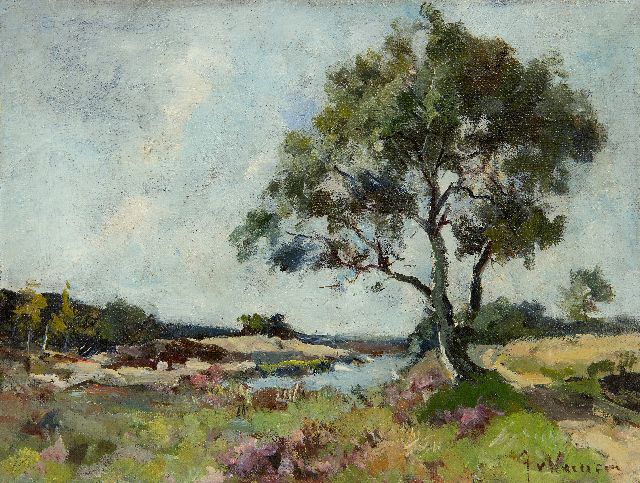 Jan van Vuuren | Heidelandschap met vennetje, olieverf op doek, 19,2 x 25,4 cm, gesigneerd r.o.
