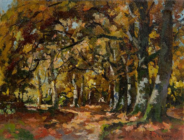 Jan van Vuuren | Herfstbos, olieverf op doek, 19,2 x 25,2 cm, gesigneerd r.o.