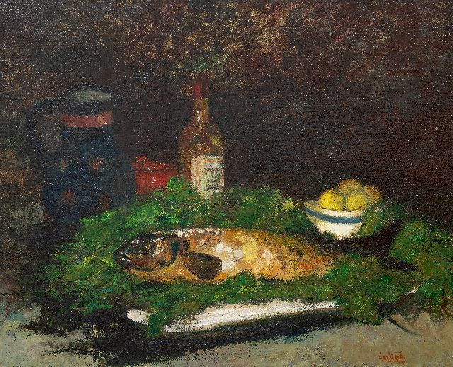 Chris van der Windt | Stilleven van een vis, wijnfles en fruitschaal, olieverf op doek, 71,3 x 86,0 cm, gesigneerd r.o.