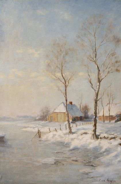 Fedor van Kregten | Boerderij in sneeuwlandschap, olieverf op doek, 87,6 x 60,2 cm, gesigneerd r.o. en zonder lijst