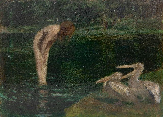 Walter Geffcken | Ontmoeting bij het meer, olieverf op board op paneel, 20,9 x 28,1 cm, gesigneerd l.o. (vaag)