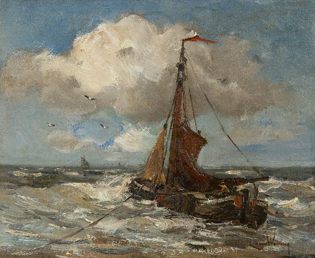 Kees van Waning | Bomschuit voor anker in de branding, olieverf op doek, 25,2 x 31,0 cm, gesigneerd r.o.