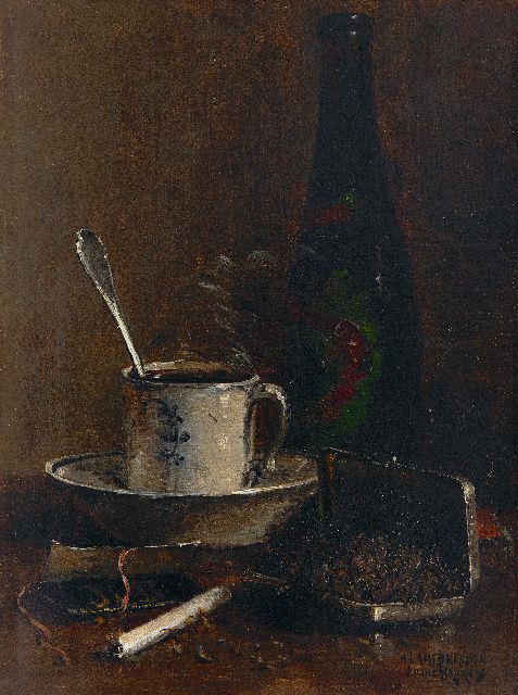 Louis Bigaux | Stilleven met tabaksdoos, sigaret en kop en schotel, olieverf op doek, 32,4 x 24,6 cm, gesigneerd r.o.