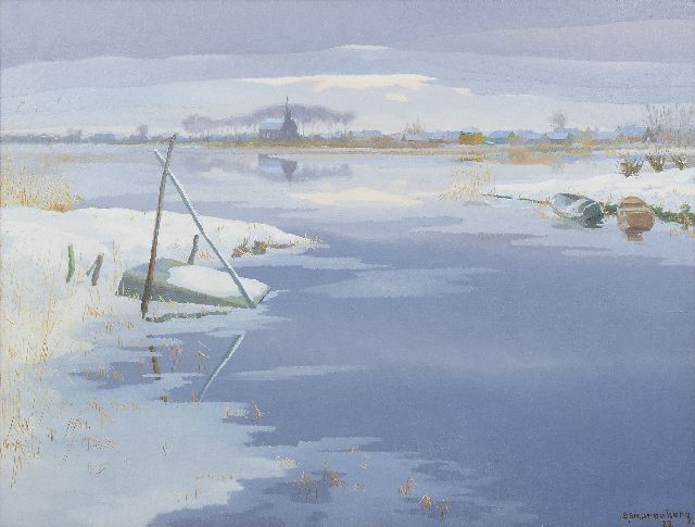 Dirk Smorenberg | Gezicht over de Vuntusplas met in de verte het kerkje van Oud-Loosdrecht, olieverf op doek, 73,0 x 95,2 cm, gesigneerd r.o. en gedateerd '22
