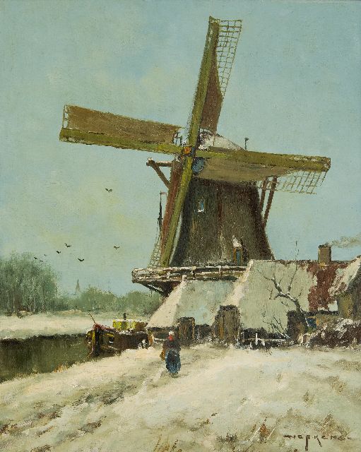 Martinus Nefkens | Molen in een sneeuwlandschap, olieverf op doek, 50,3 x 40,3 cm, gesigneerd r.o.