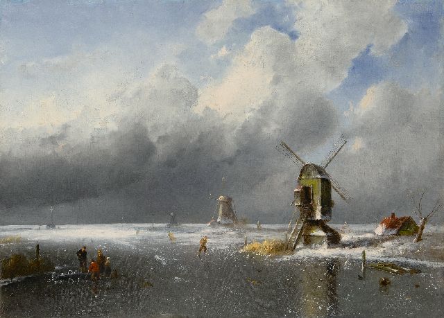 Charles Leickert | Figuren op het ijs bij naderende sneeuwstorm, olieverf op doek, 42,2 x 58,2 cm, gesigneerd r.o.